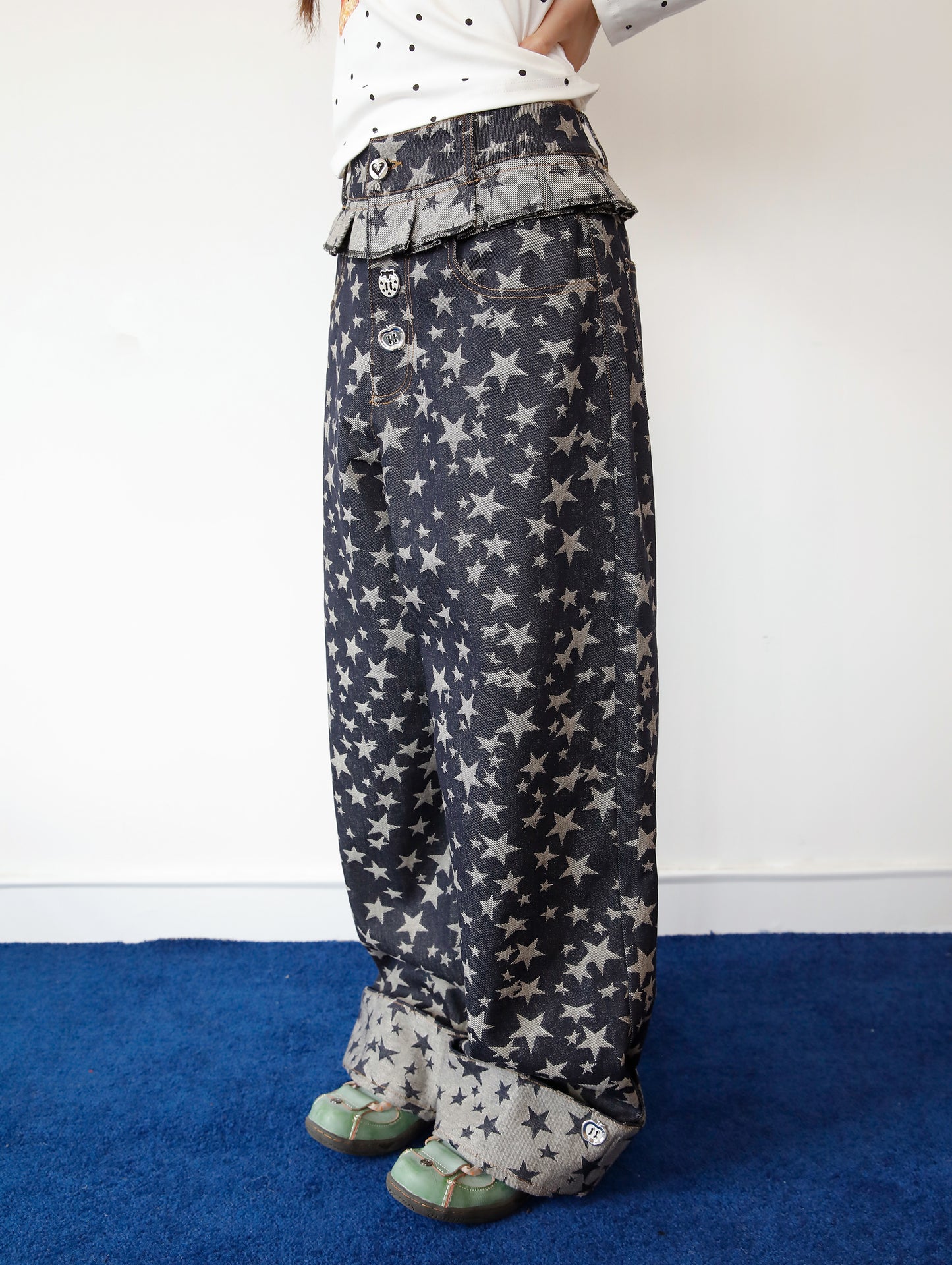 FRUITS - Kawaii Star Jacquard Denim Wide Leg Pants pants Fruits
