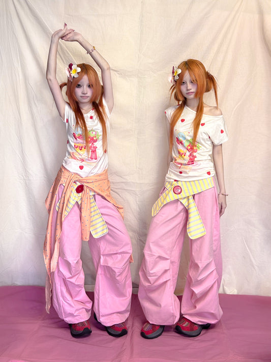 YJM with biubiu Striped Pants | Waistband Baggy Pants – Harajuku Y2K Wide Leg Trousers pants YJM with biubiu