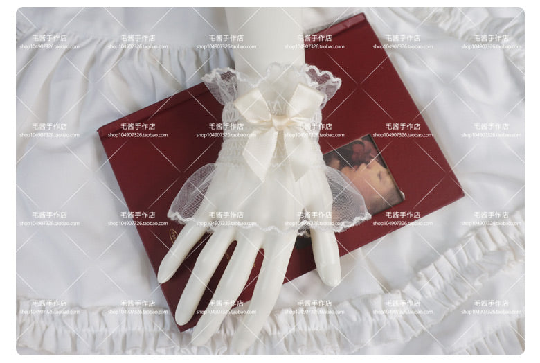 MaoJiang - Kawaii White Lace Bow Wrist Cuffs sleeves maojiang Ivory Bow White Elastic Wrist Cuffs (Pair)