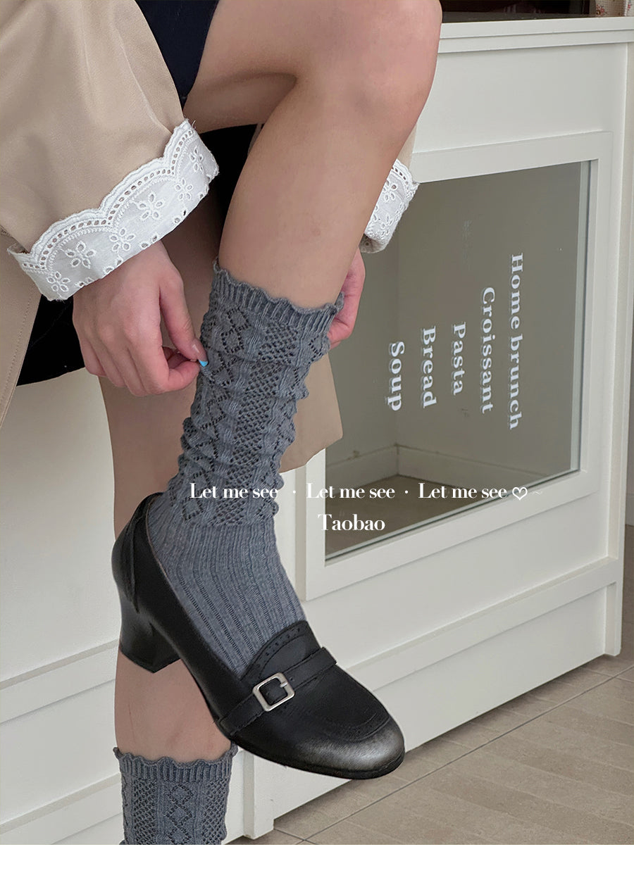 LET ME SEE 古早风镂空针织花边袜 木耳边芭蕾小腿袜女堆堆针织袜 sock let me see