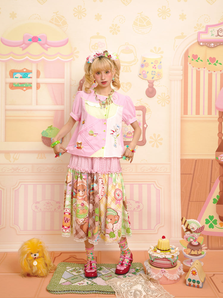 Lutra Jump - Decora Kei Pink Asymmetric Collar Embroidered Shirt shirt Lutra Jump