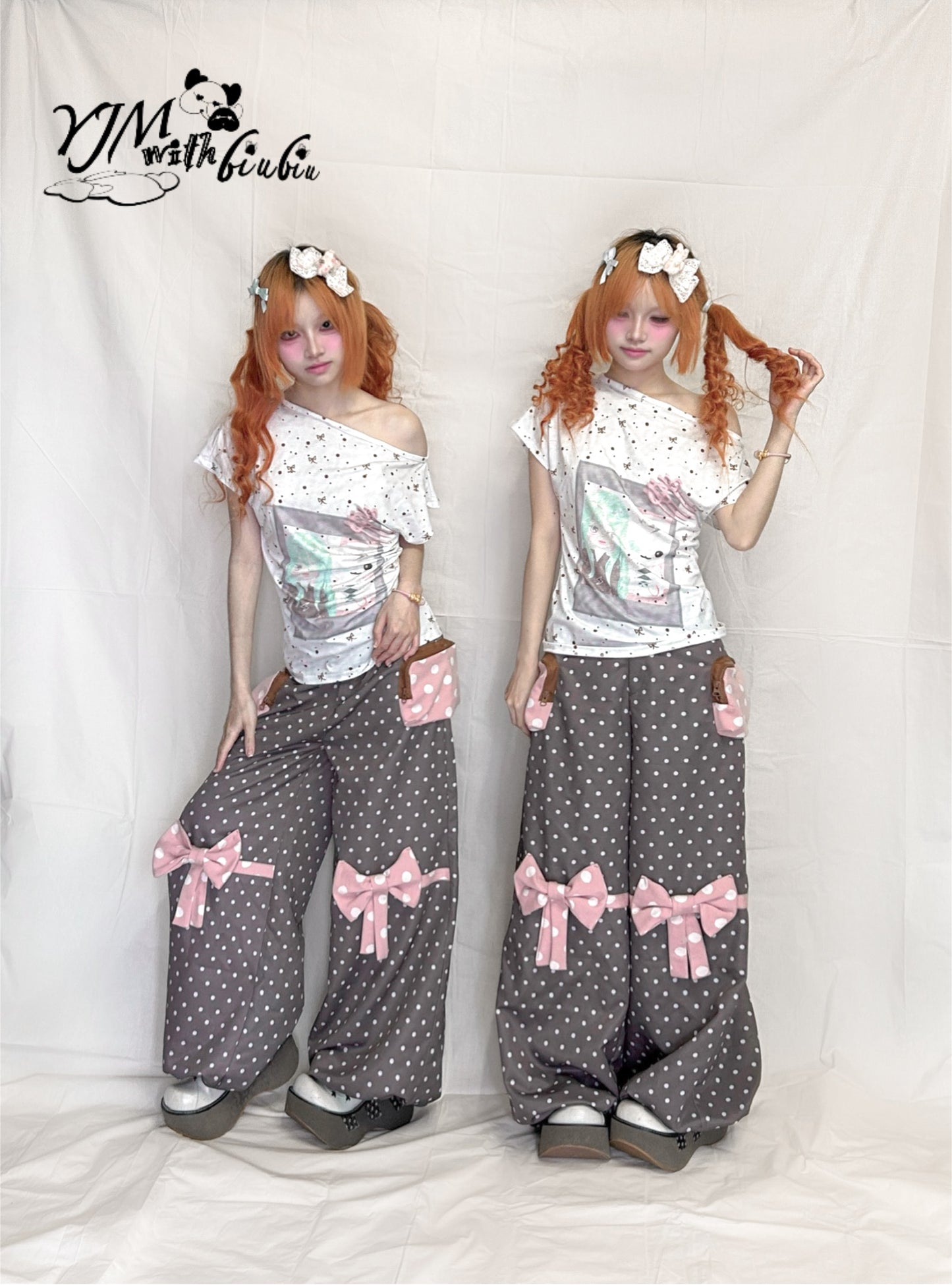 YJM with biubiu - Polka Dot Bow Loose Trousers with Large Pockets pants YJM with biubiu