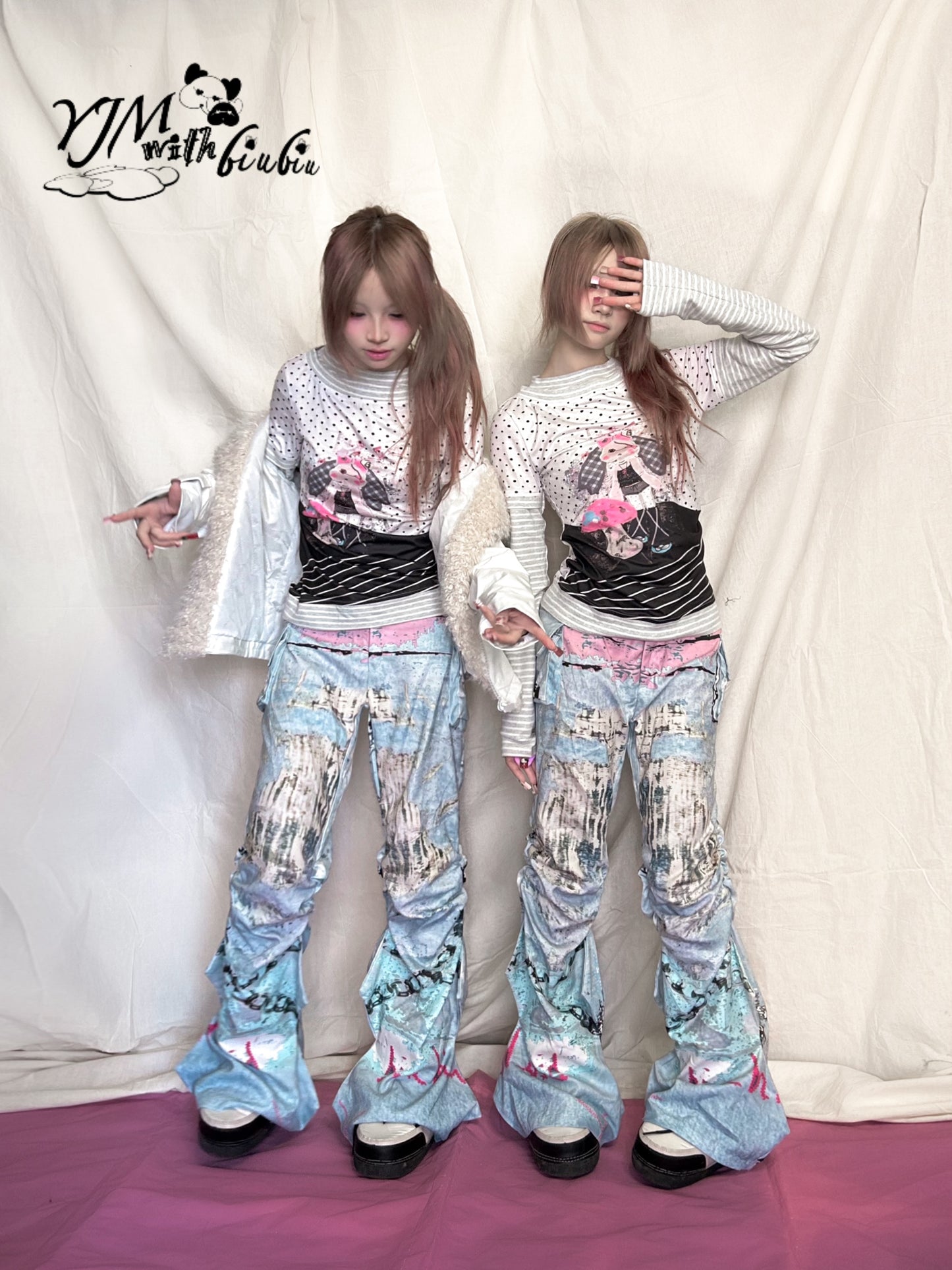 YJM with biubiu Graffiti Ruched Pants | Low-Waist Thin Long Pants pants YJM with biubiu