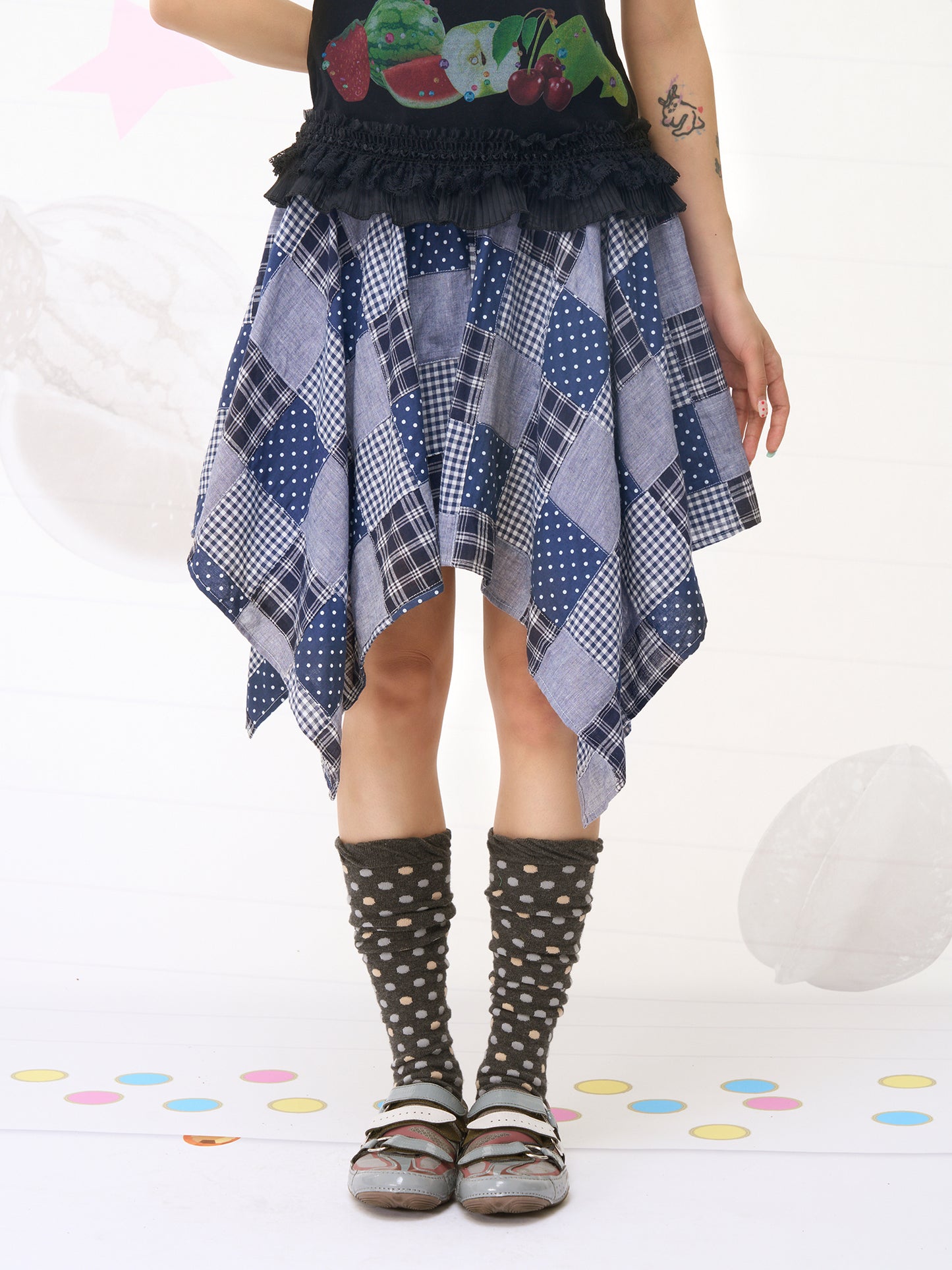 FRUITS Patch‑Work Skirt | Plaid Asymmetric Skirt | Blue Purple Skirt skirt Fruits