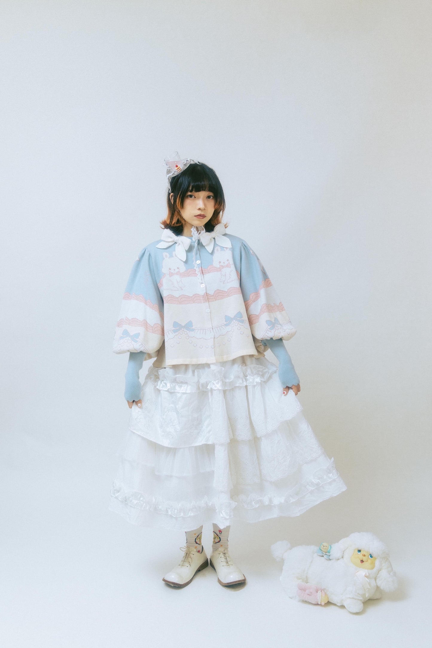 Meugler Bunny Cream Cake Lolita Sweet Bow Short Knitted Cardigan with Leg-of-Mutton Sleeves cardigan Meugler