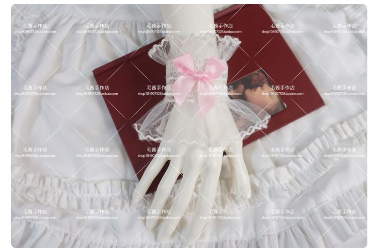 MaoJiang - Kawaii White Lace Bow Wrist Cuffs sleeves maojiang Pink Bow White Elastic Wrist Cuffs (Pair)