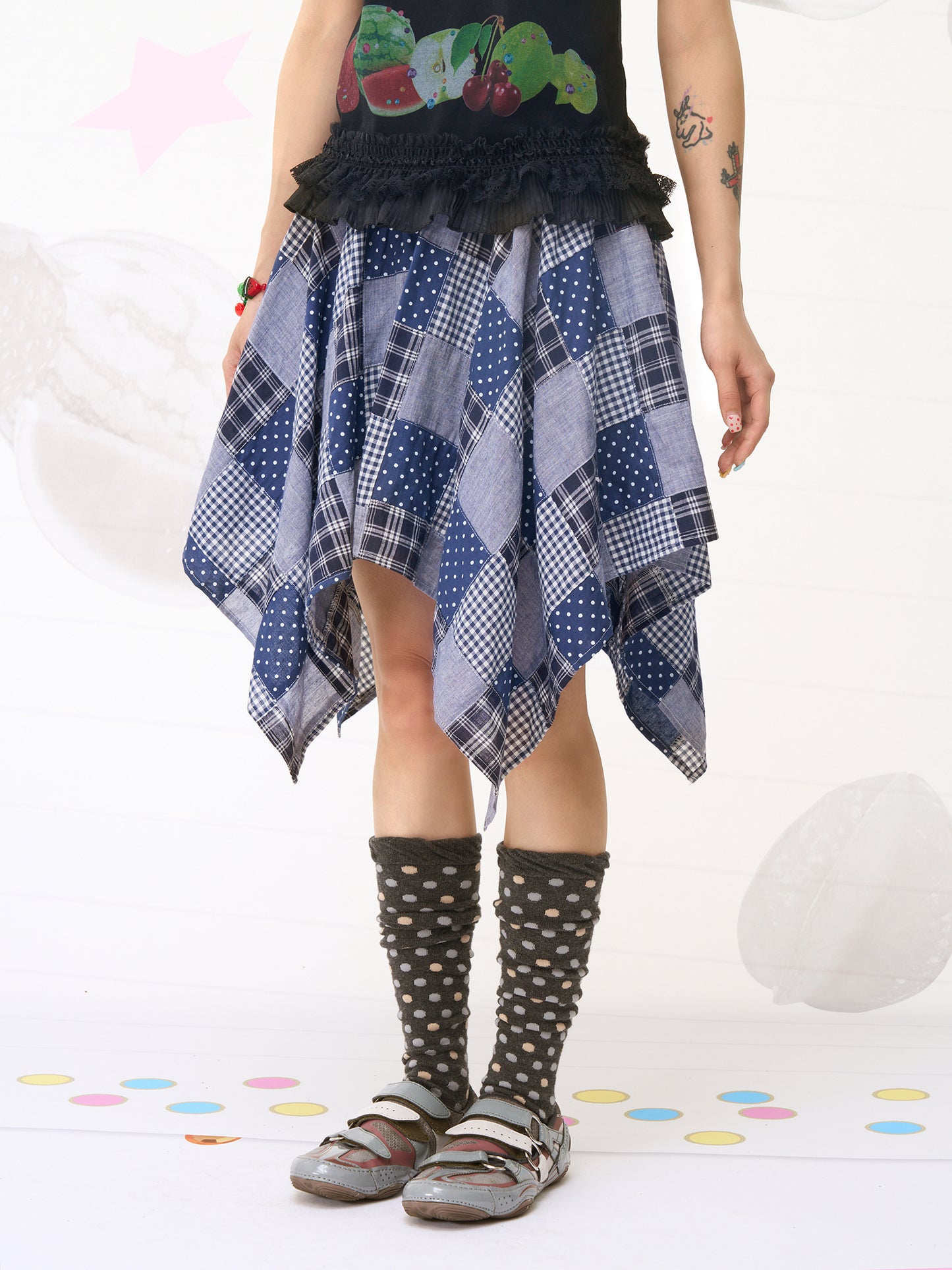 FRUITS Patch‑Work Skirt | Plaid Asymmetric Skirt | Blue Purple Skirt skirt Fruits