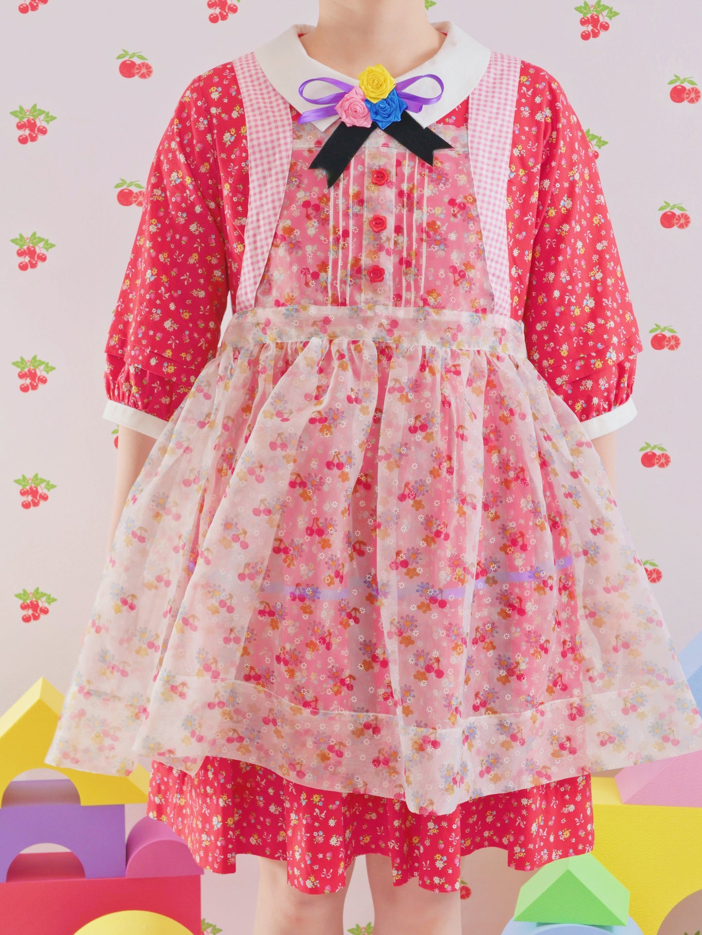 GOODBABY - Sheer Cherry Puff Cover Top overskirt dress