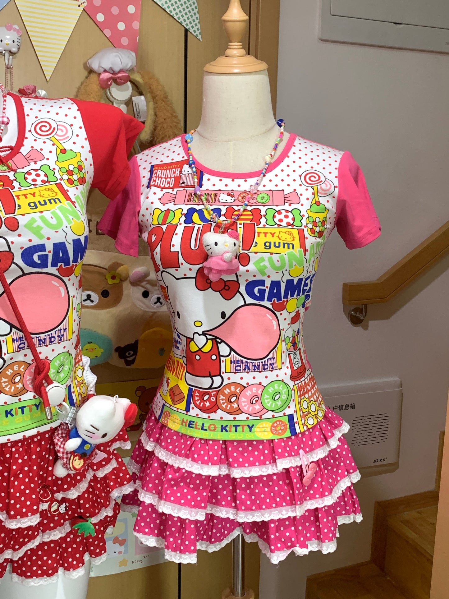 Decora Kei Set – Kitty Tee & Polka Dot Skirt set Blurred Bear