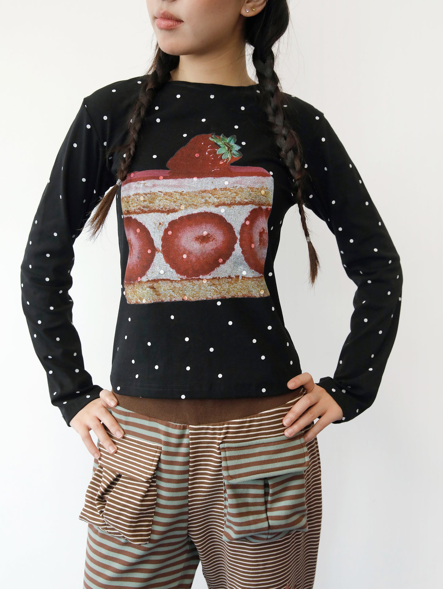 FRUITS - Kawaii Strawberry Cake Polka Dot Long Sleeve Top shirt Fruits Black S