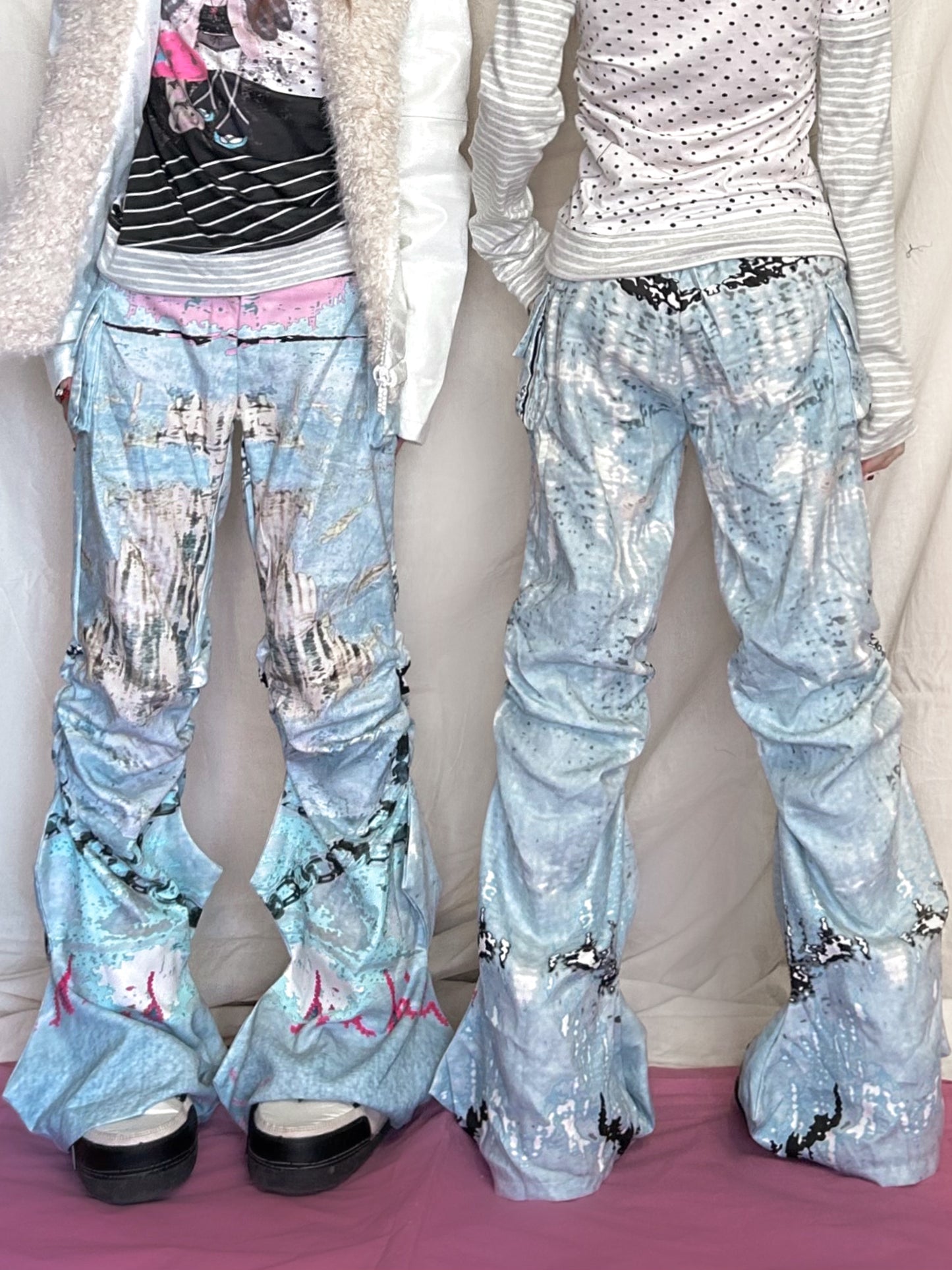 YJM with biubiu Graffiti Ruched Pants | Low-Waist Thin Long Pants pants YJM with biubiu