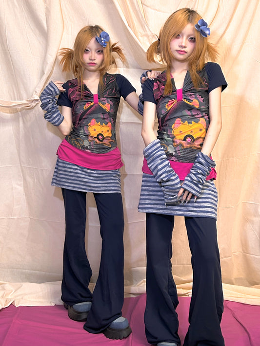 YJM with biubiu Royal Blue Striped Pants | Fold-Over Waist Skort Pants pants YJM with biubiu