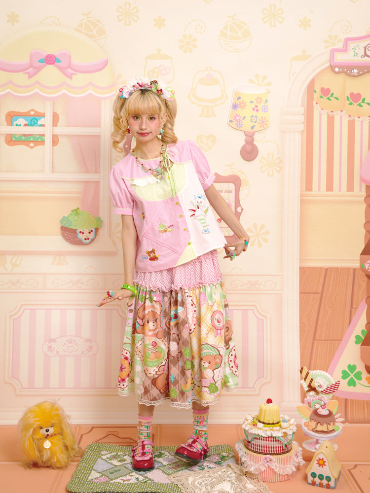 Lutra Jump - Decora Kei Pink Asymmetric Collar Embroidered Shirt shirt Lutra Jump