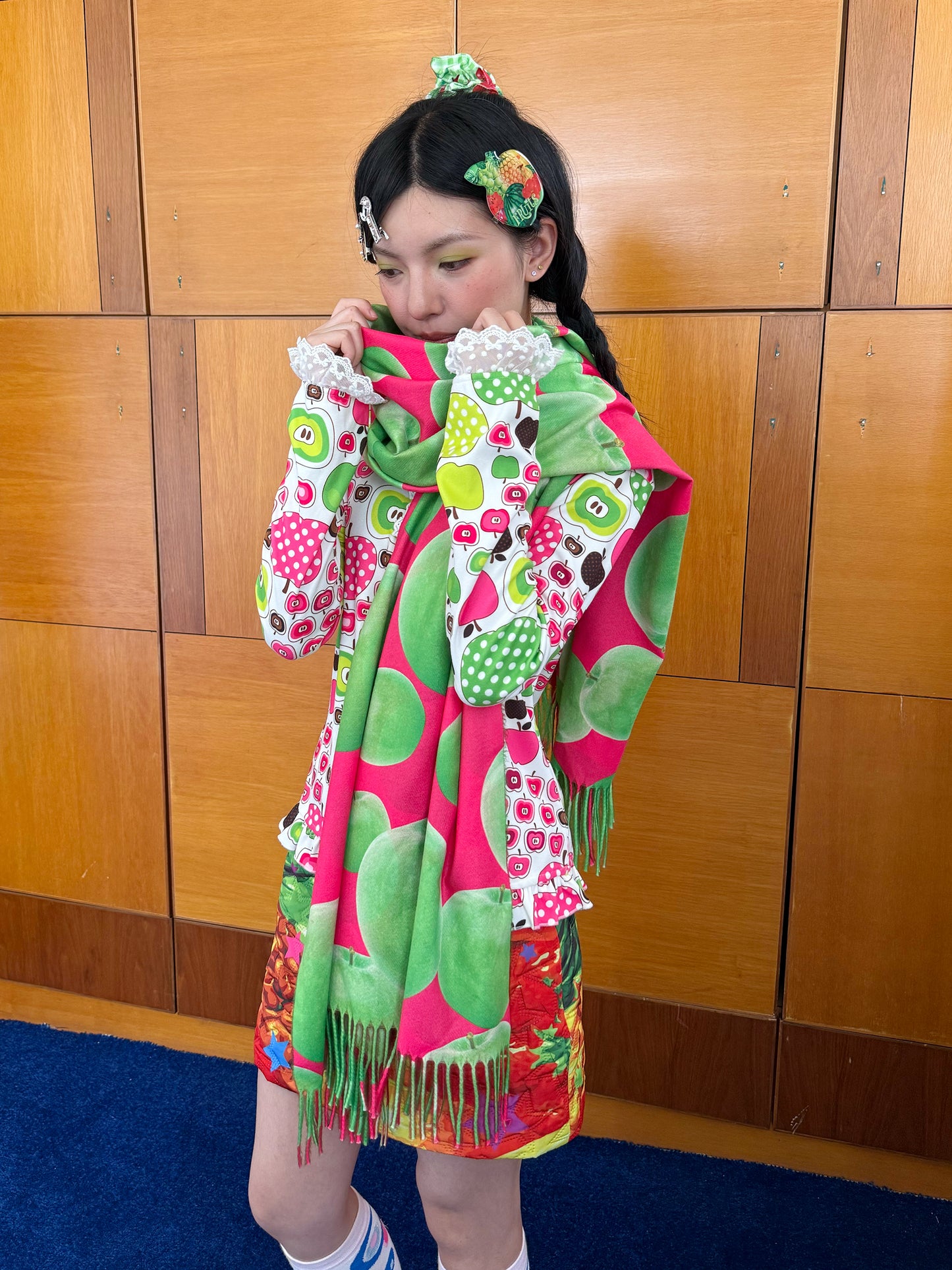 FRUITS - Kawaii Green Apple Print Fringe Scarf scarf Fruits