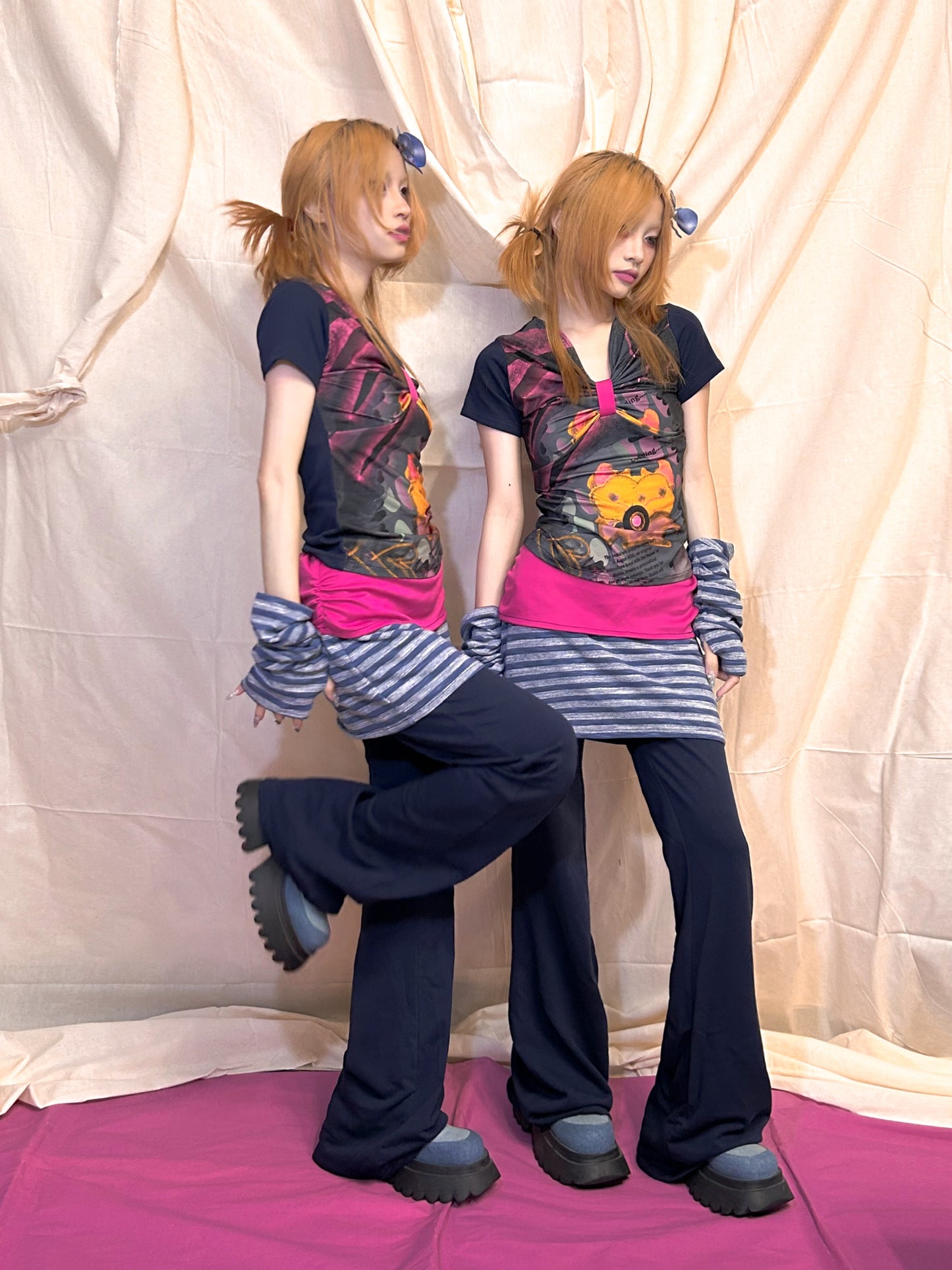 YJM with biubiu "Sunset Blues" Graffiti Bow Slim Top – Harajuku Fitted Tee tshirt YJM with biubiu