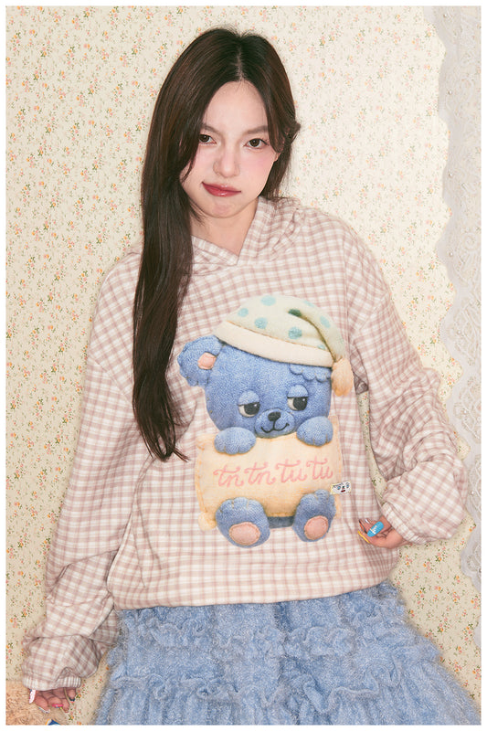 tntntutu - Kawaii Plaid Blue Bear Fleece Hoodie Loungewear hoodie tntntutu