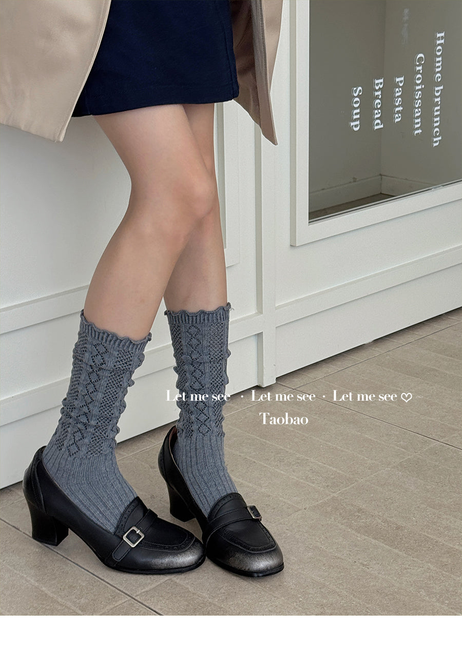 LET ME SEE 古早风镂空针织花边袜 木耳边芭蕾小腿袜女堆堆针织袜 sock let me see