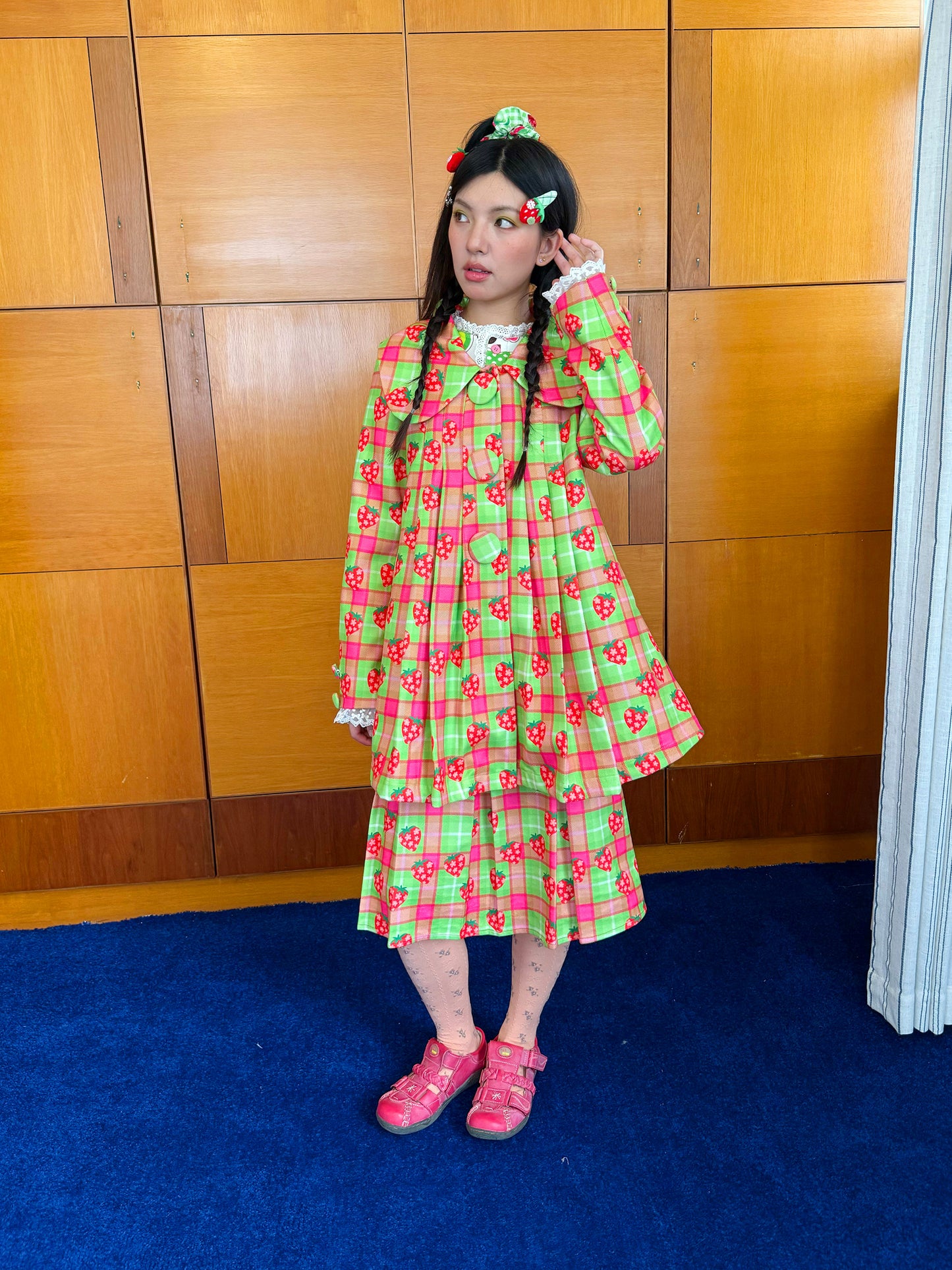 FRUITS - Kawaii Strawberry Plaid Pleated Coat jacket Fruits
