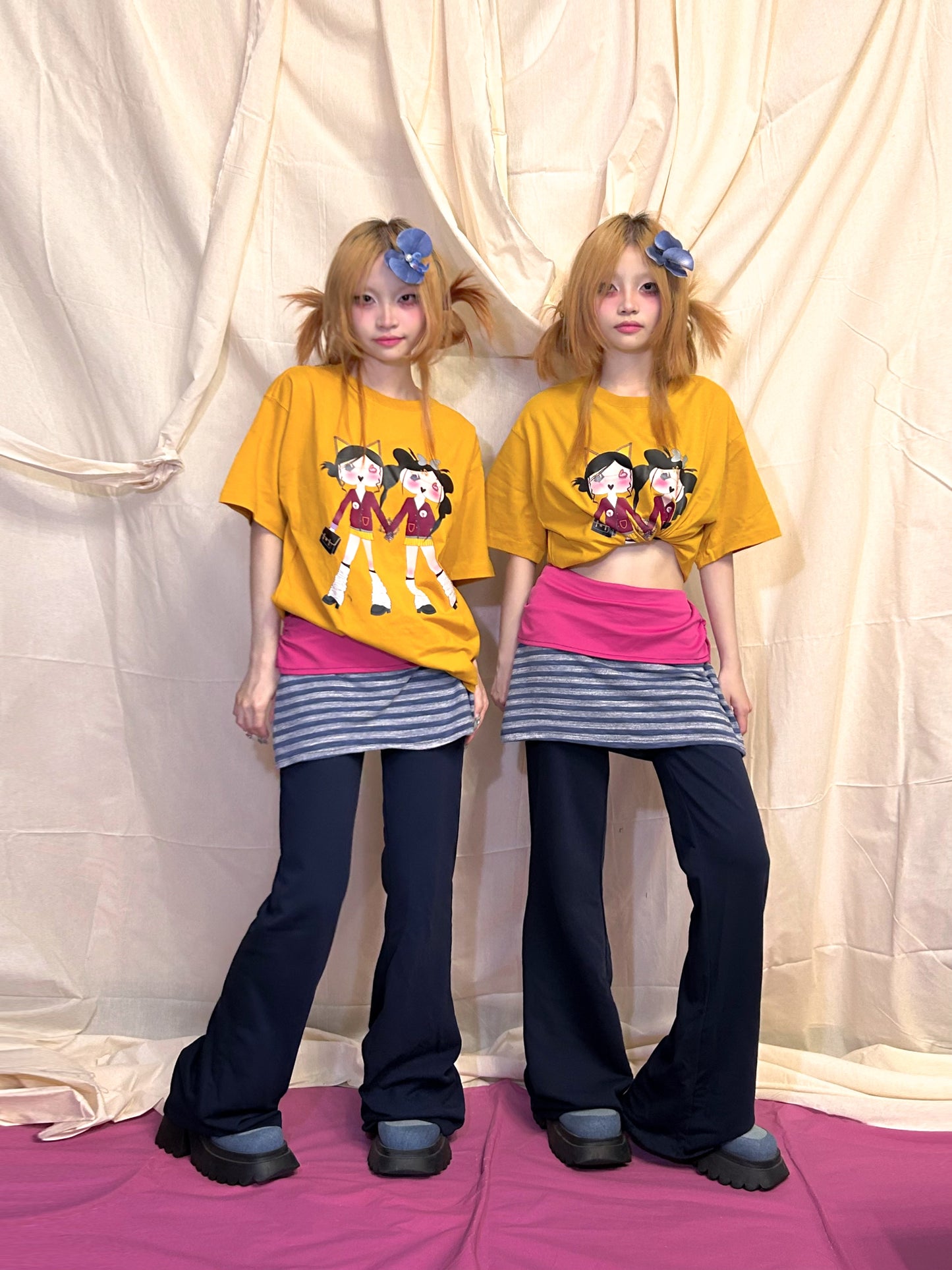 YJM with biubiu Royal Blue Striped Pants | Fold-Over Waist Skort Pants pants YJM with biubiu