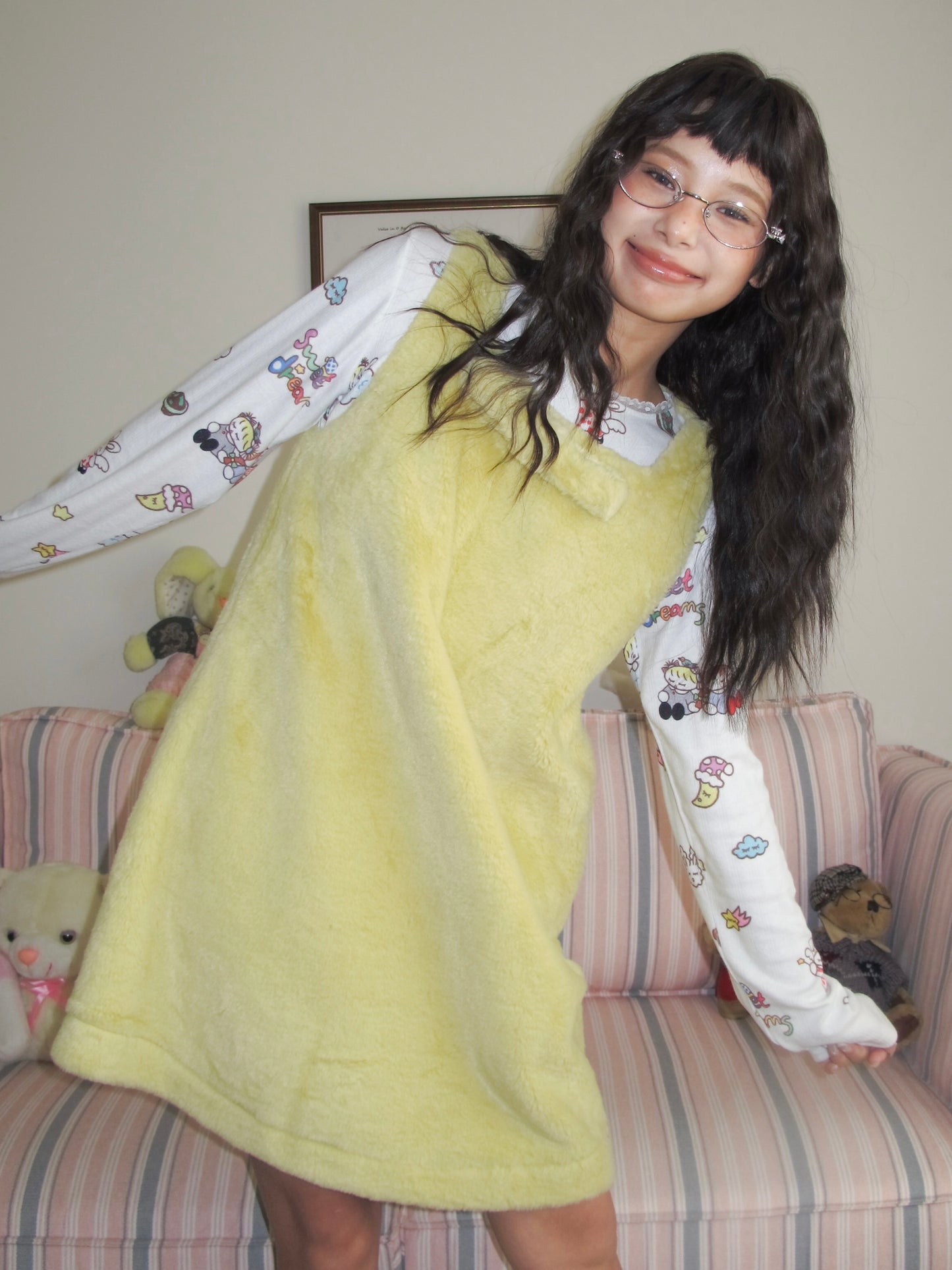 Harajuku Dress Cream Yellow Dress Sleeveless Dress Bowknot Plush Dress dress KaiXin hostel