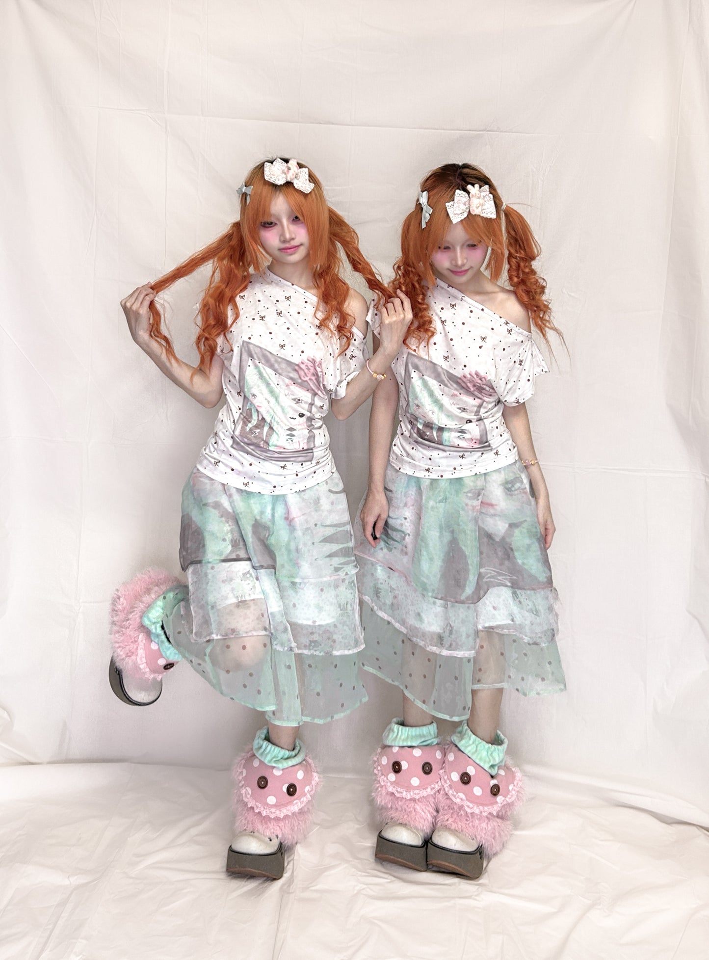 YJM with biubiu - Mint White Polka Dot Fitted Short Sleeve Top shirt YJM with biubiu