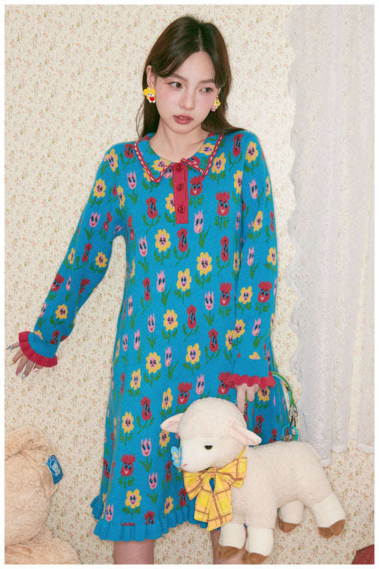 tntntutu - Kawaii Blue Cartoon Flower Knit Dress Long Sleeve dress tntntutu