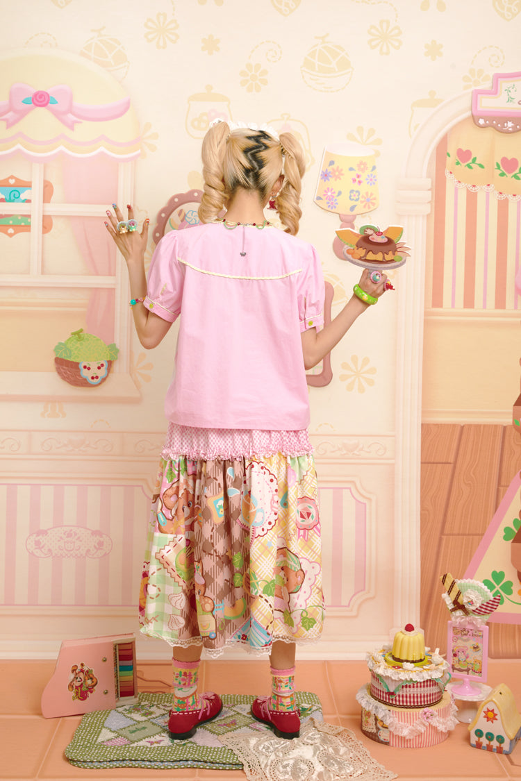 Lutra Jump - Decora Kei Pink Asymmetric Collar Embroidered Shirt shirt Lutra Jump