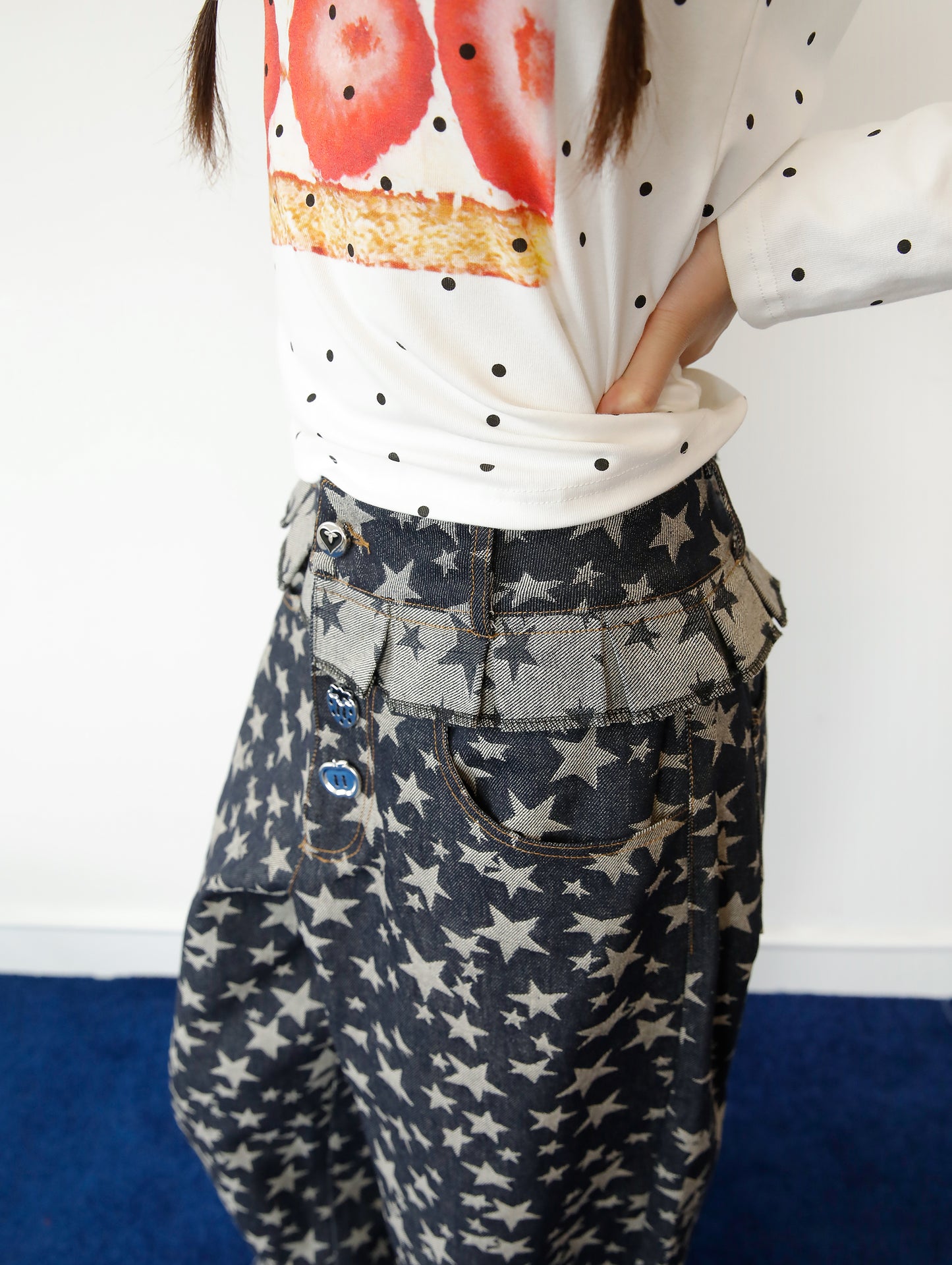 FRUITS - Kawaii Star Jacquard Denim Wide Leg Pants pants Fruits