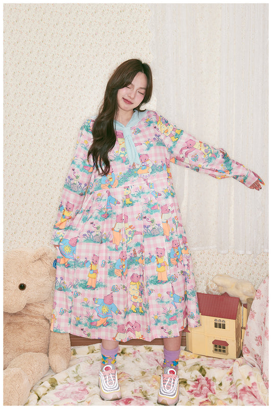 tntntutu - Pink Teddy Print Removable Sailor Collar Dress dress tntntutu