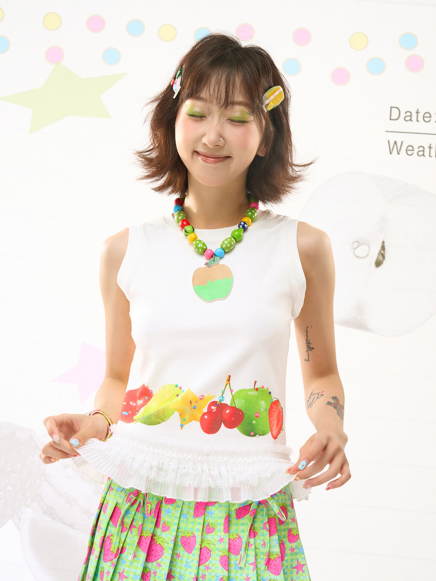 FRUITS Print Cami | Lace‑Hem Tee | White Sleeveless Shirt tshirt Fruits