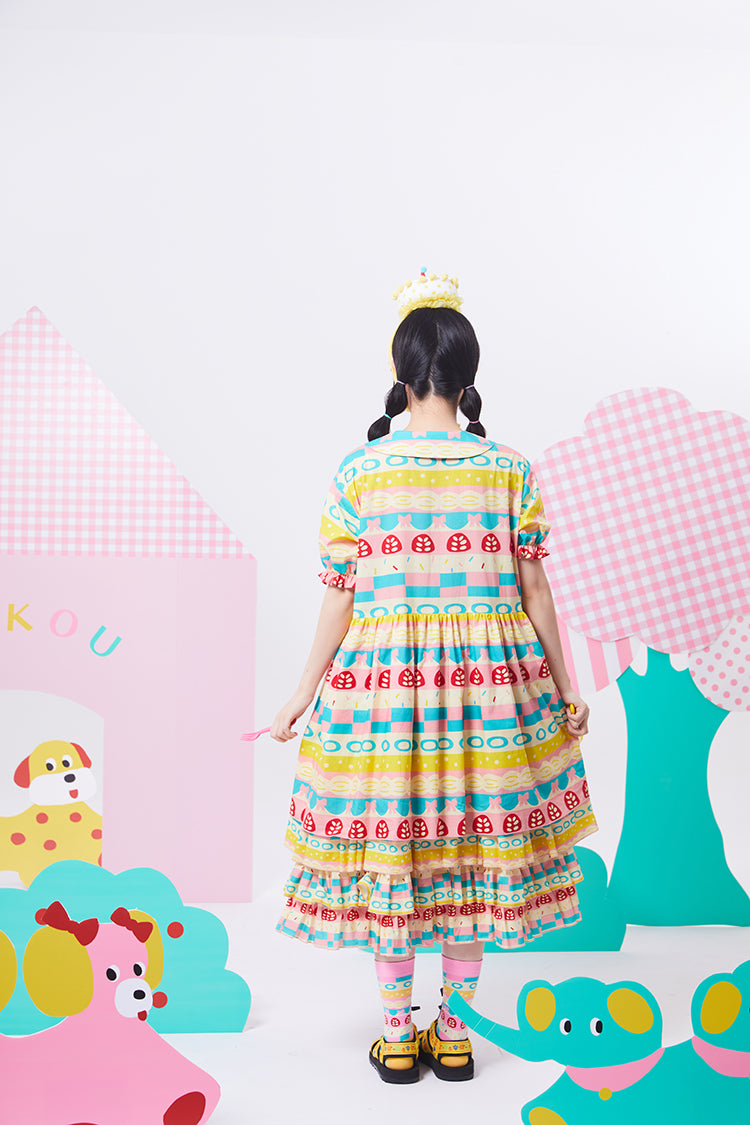 NIKKOU Home Dress Printed Cake Dress – Cute Japanese Showa Style Fun and Youthful dress Nikkou home