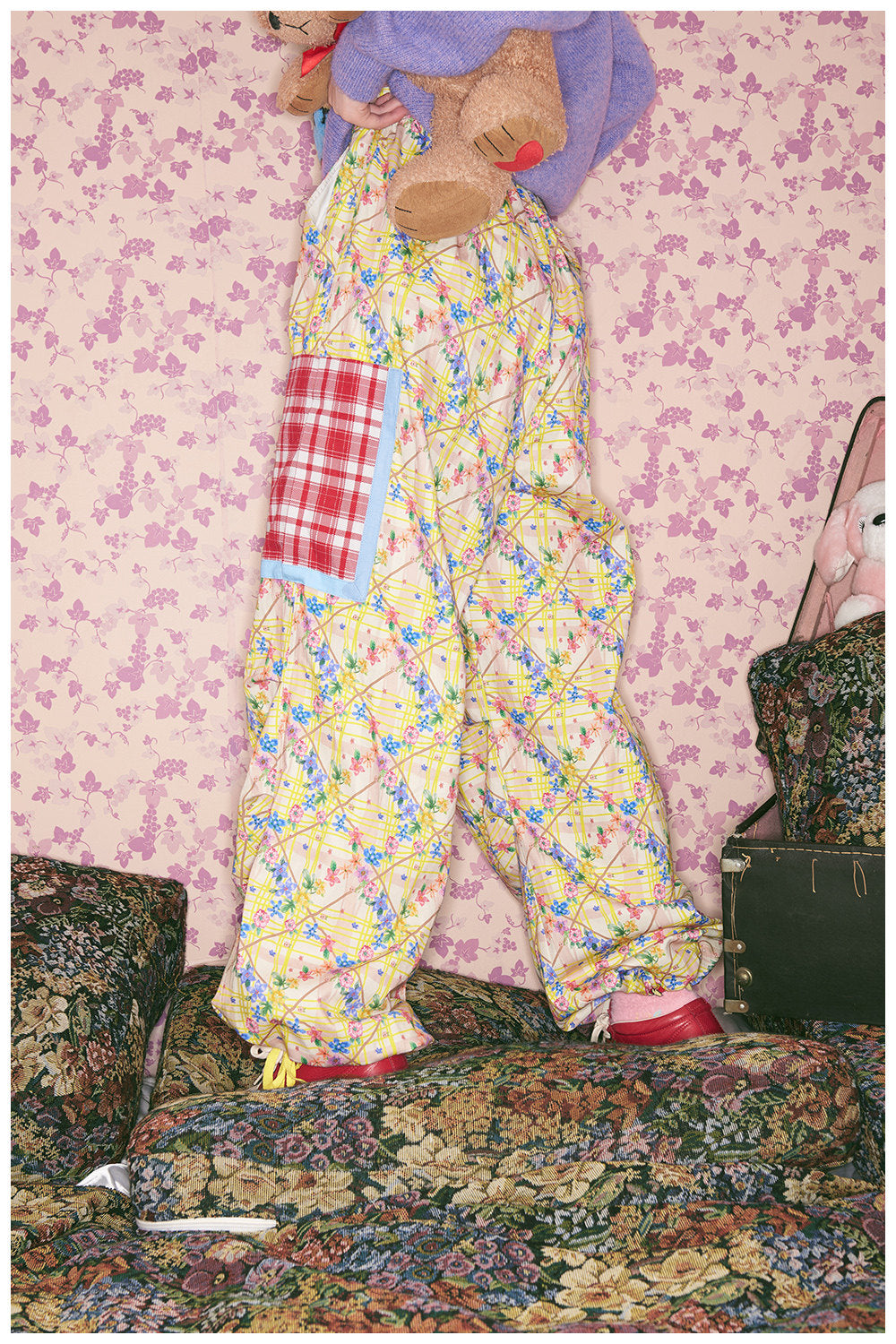 tntntutu - Kidcore Floral Plaid High-Waist Parachute Pants pants tntntutu