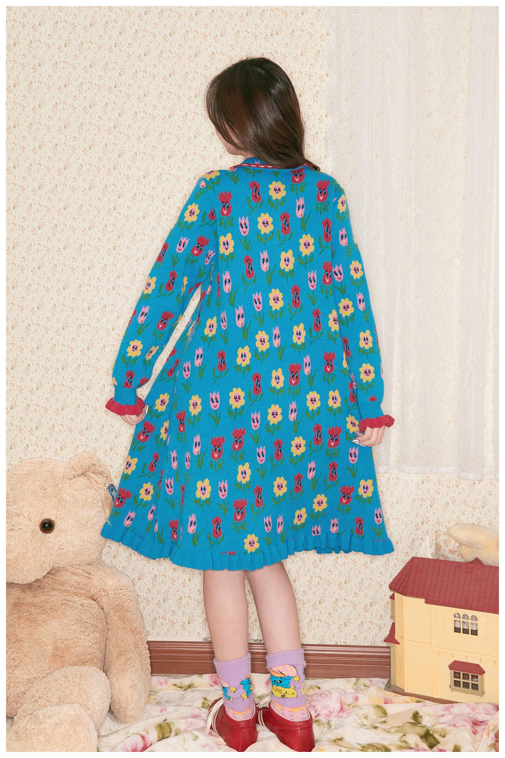 tntntutu - Kawaii Blue Cartoon Flower Knit Dress Long Sleeve dress tntntutu
