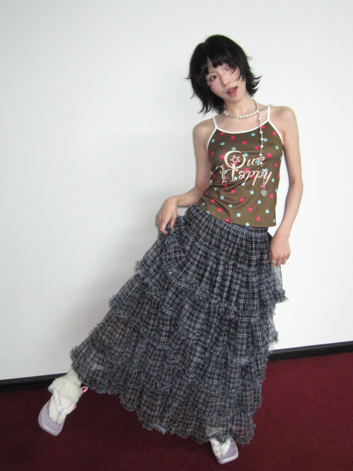 OurHappy Star Plaid Skirt | Layered Mesh Skirt | Maxi Pettiskirt skirt Our Happy