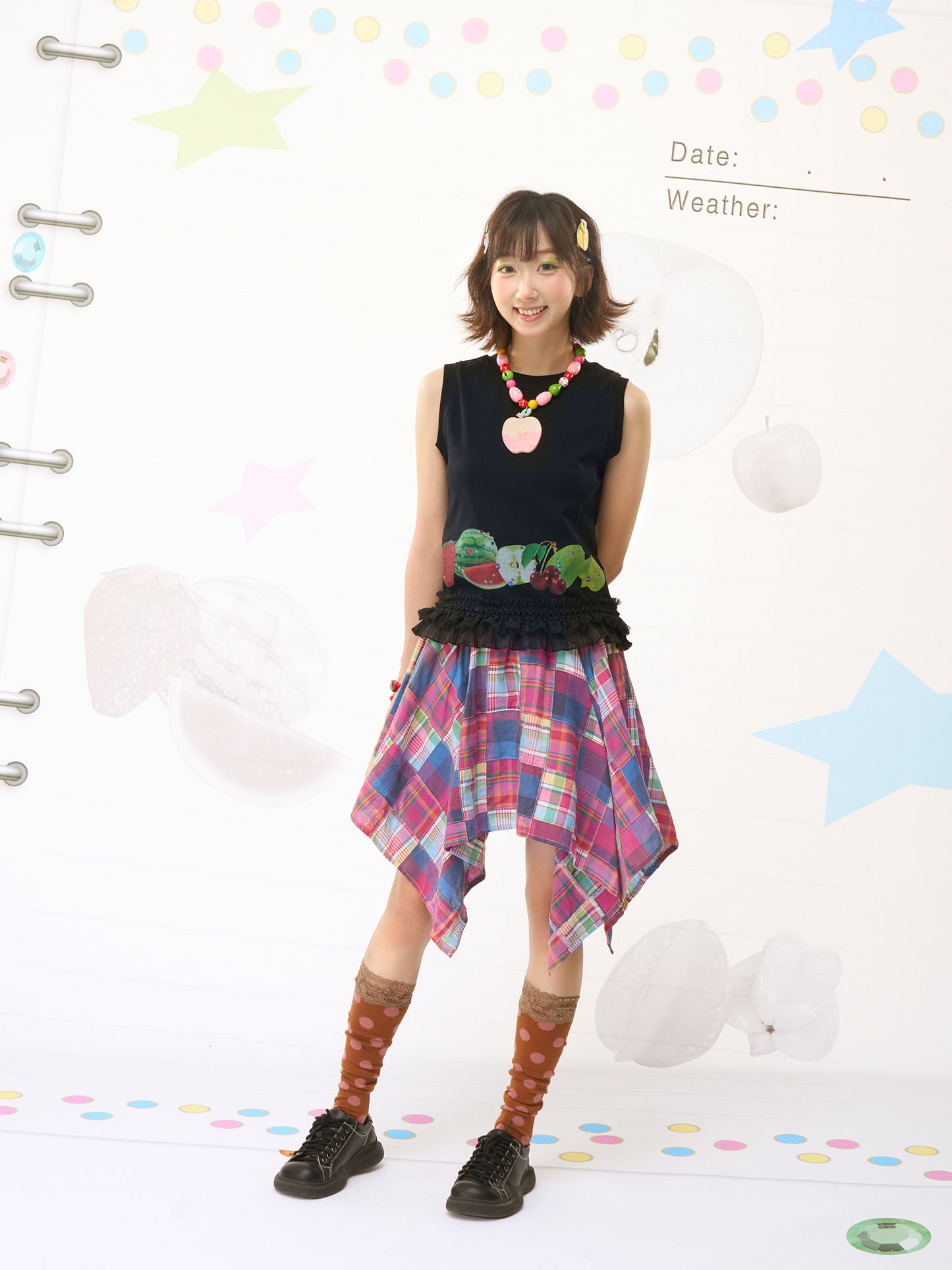 FRUITS Patch‑Work Skirt | Plaid Asymmetric Skirt | Blue Purple Skirt skirt Fruits