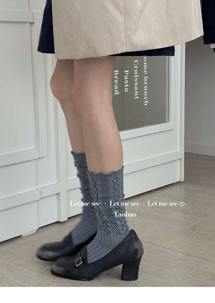 LET ME SEE 古早风镂空针织花边袜 木耳边芭蕾小腿袜女堆堆针织袜 sock let me see