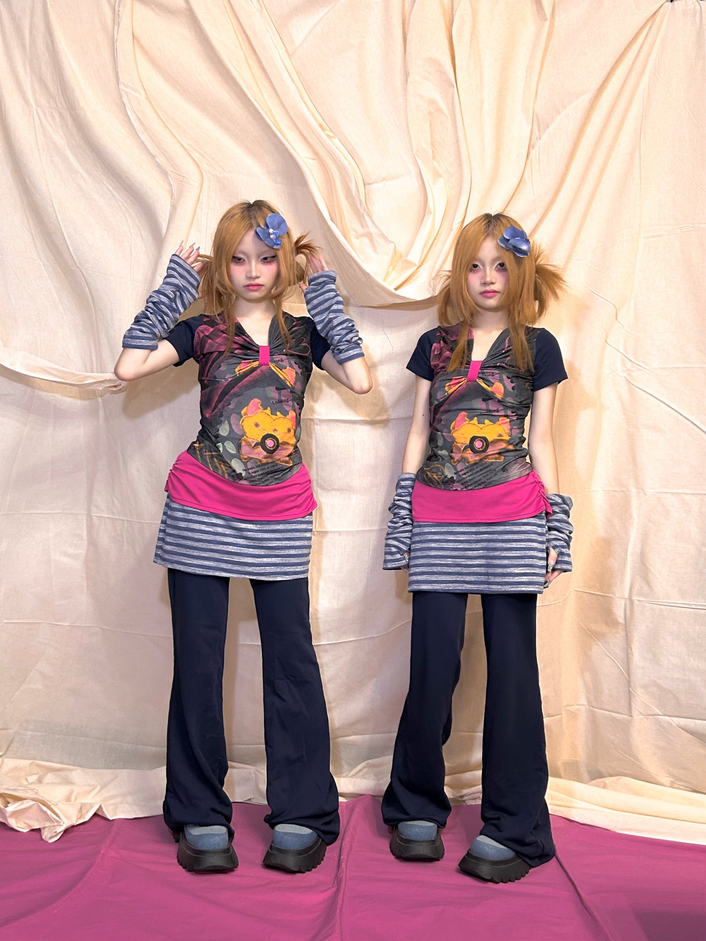 YJM with biubiu Royal Blue Striped Pants | Fold-Over Waist Skort Pants pants YJM with biubiu