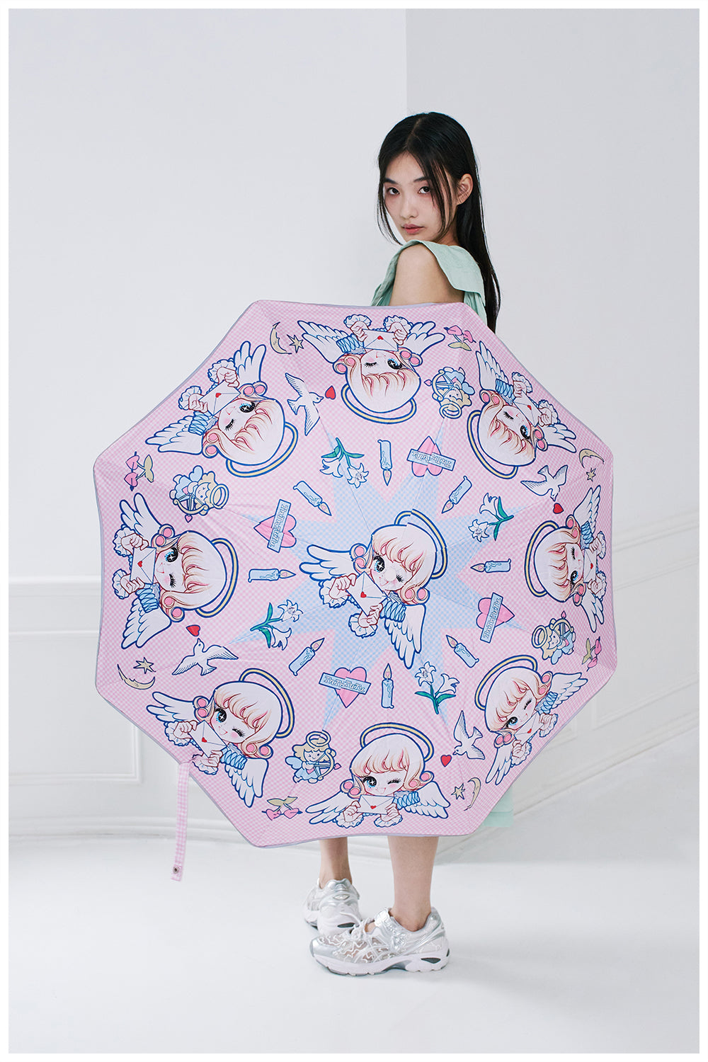 tntntutu Pink-Blue Angel Umbrella | Check Sun Umbrella | UV Protection Folding Parasol umbrella tntntutu