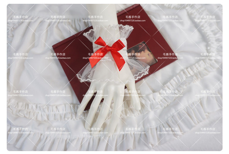 MaoJiang - Kawaii White Lace Bow Wrist Cuffs sleeves maojiang Wine Red Bow White Elastic Wrist Cuffs (Pair)
