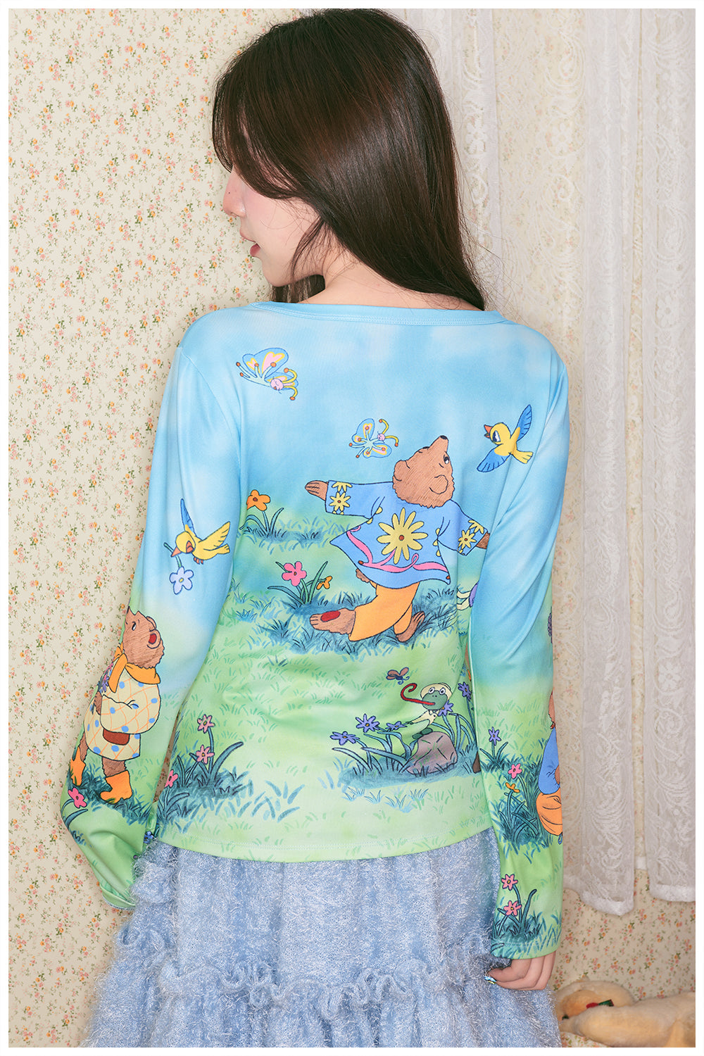 tntntutu - Blue Green Teddy Print Rhinestone Letter Stretch Top shirt tntntutu