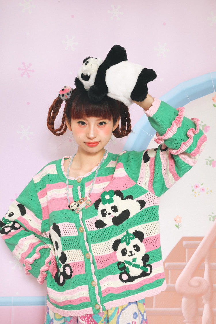 Lutra Jump Cardigan Striped Panda Cardigan Hollow Lace Knit Sweater cardigan Lutra Jump