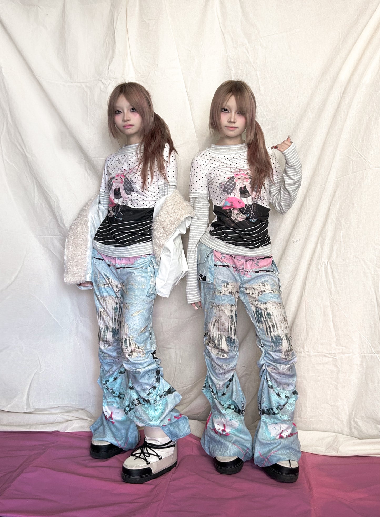 YJM with biubiu Graffiti Ruched Pants | Low-Waist Thin Long Pants pants YJM with biubiu