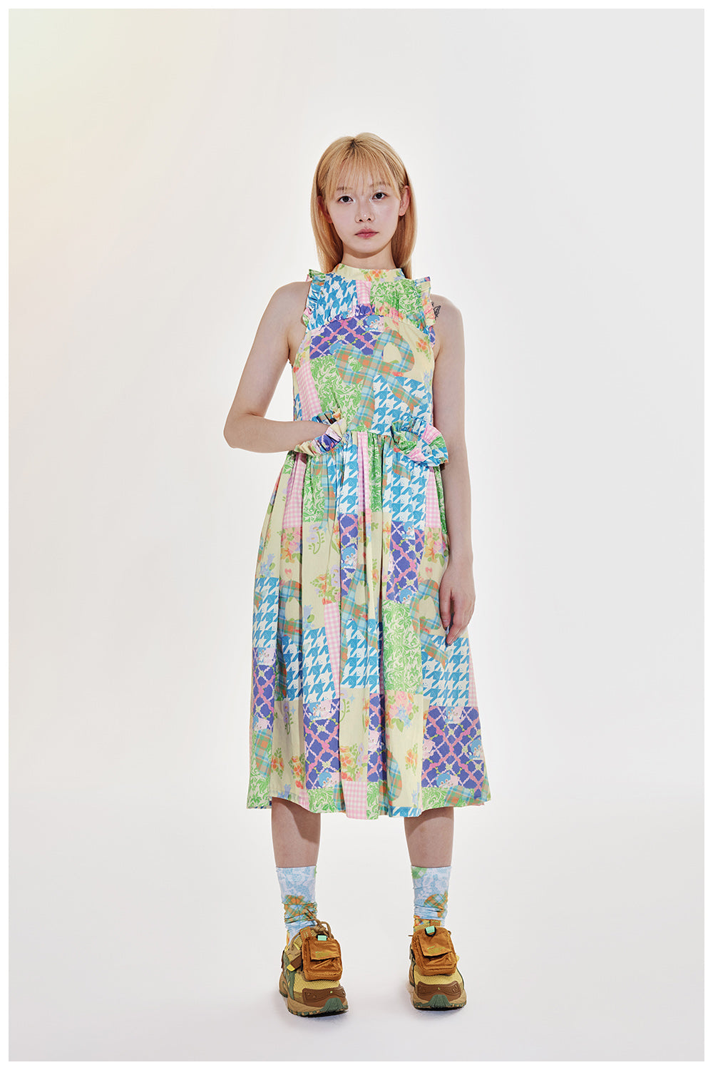 Tntntutu Patchwork Dress | Halter Neck Dress | Sleeveless Checkered Dress Brown / S Tntntutu Patchwork Dress | Halter Neck Dress | Sleeveless Checkered Dress Brown / S