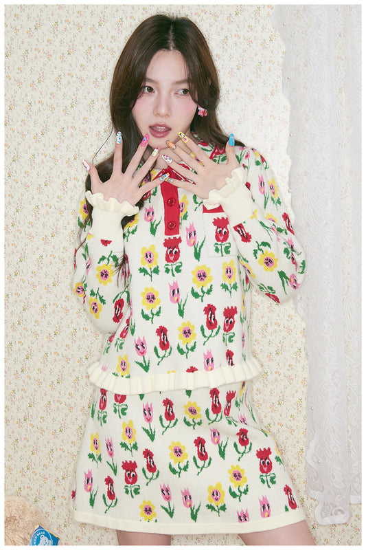 tntntutu - White Cartoon Flower Knit Top & Skirt Set Kawaii Two-Piece Outfit set tntntutu