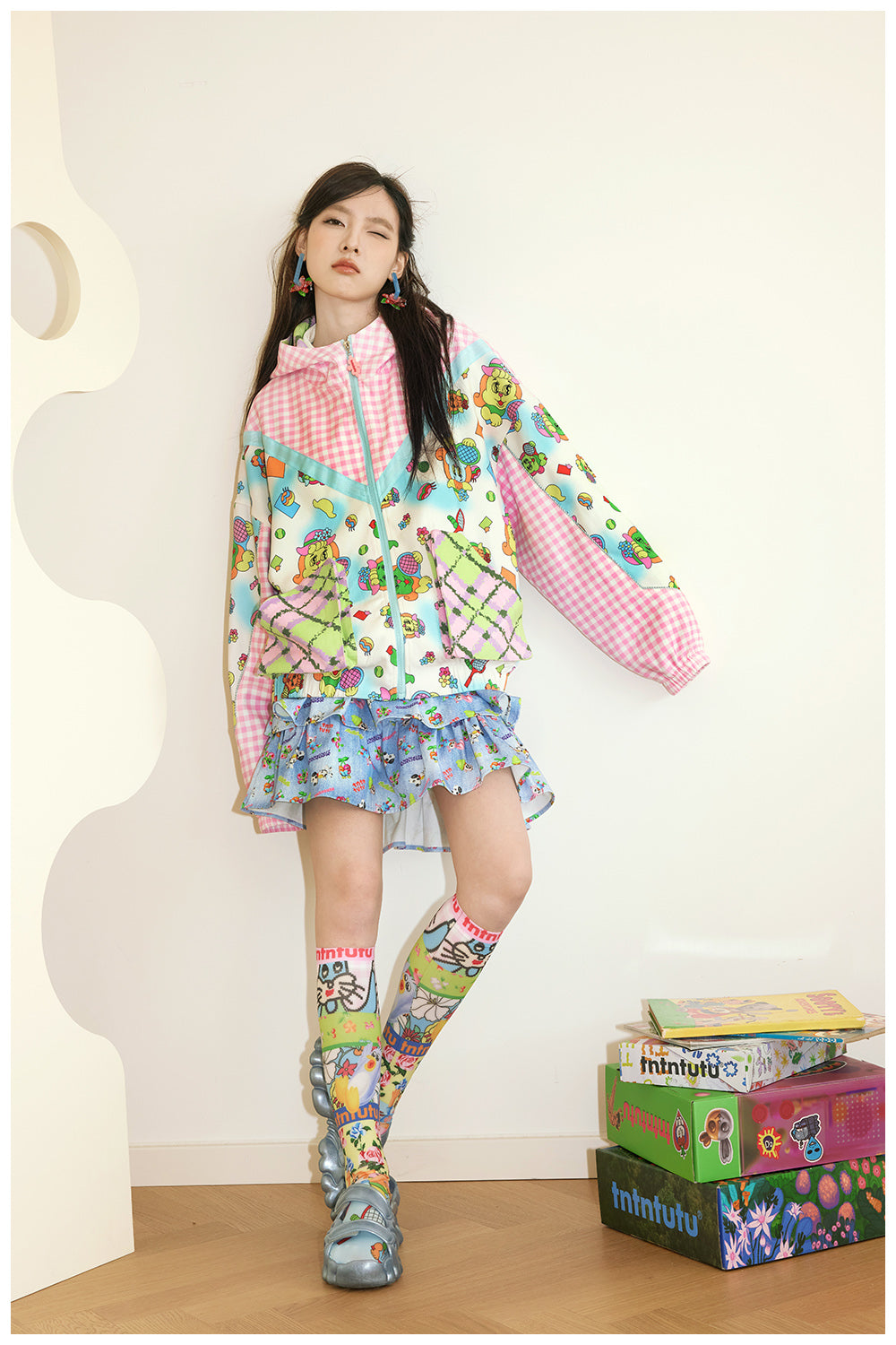 tntntutu Pink-Green Jacket | Floral Sporty Zip-Up | Patterned Animal Windbreaker jacket tntntutu