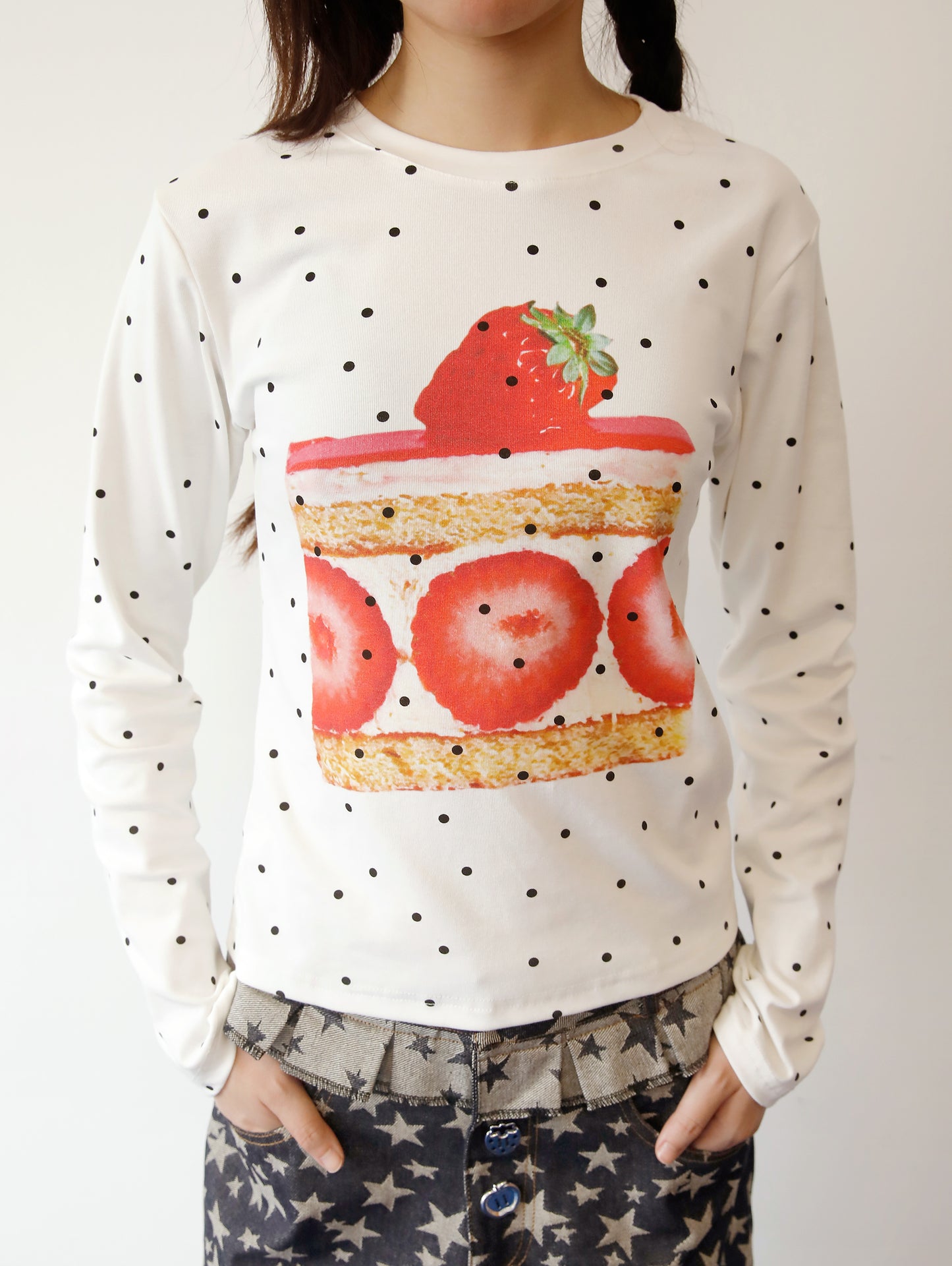 FRUITS - Kawaii Strawberry Cake Polka Dot Long Sleeve Top shirt Fruits White S