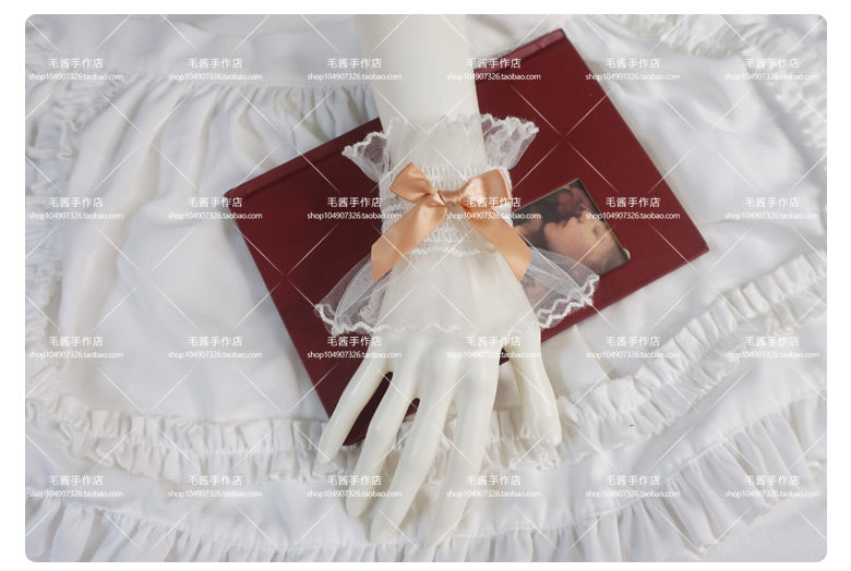 MaoJiang - Kawaii White Lace Bow Wrist Cuffs sleeves maojiang Champagne Bow White Elastic Wrist Cuffs (Pair)