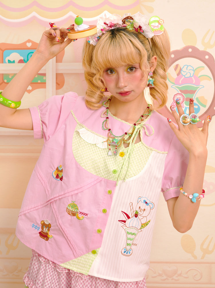 Lutra Jump - Decora Kei Pink Asymmetric Collar Embroidered Shirt shirt Lutra Jump