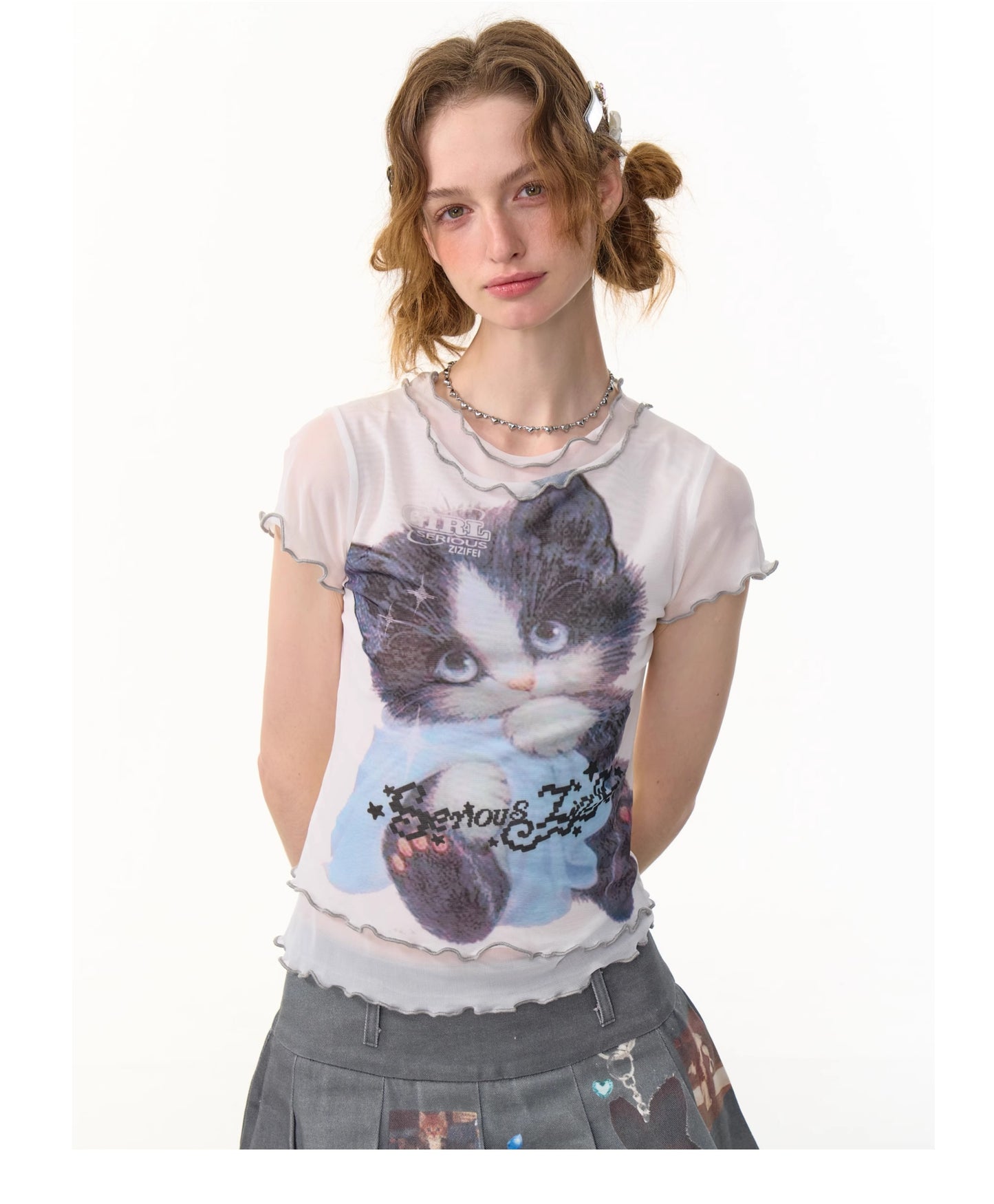 ziziFei - Girly Cat Print Mesh Layered T-Shirt tshirt ziziFei