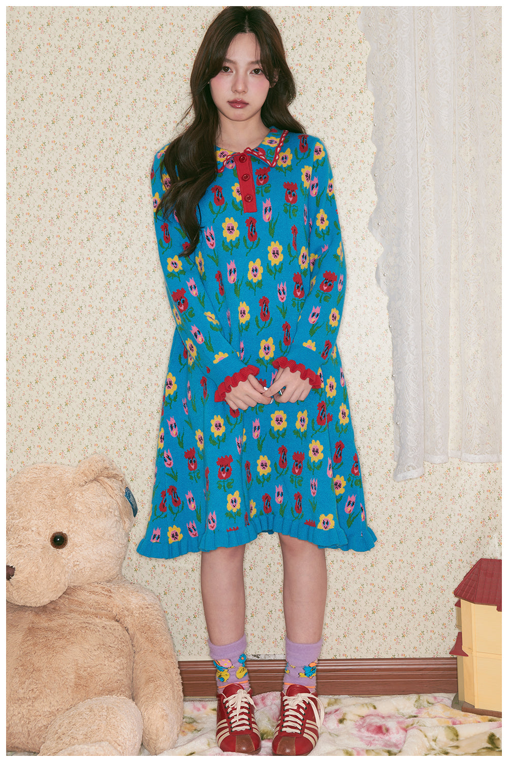 tntntutu - Kawaii Blue Cartoon Flower Knit Dress Long Sleeve dress tntntutu